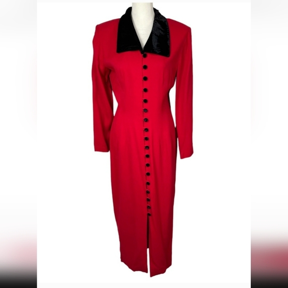 Dawn Joy Vintage Ruby Red Button Down Dress Velvet Accents - Picture 1 of 14